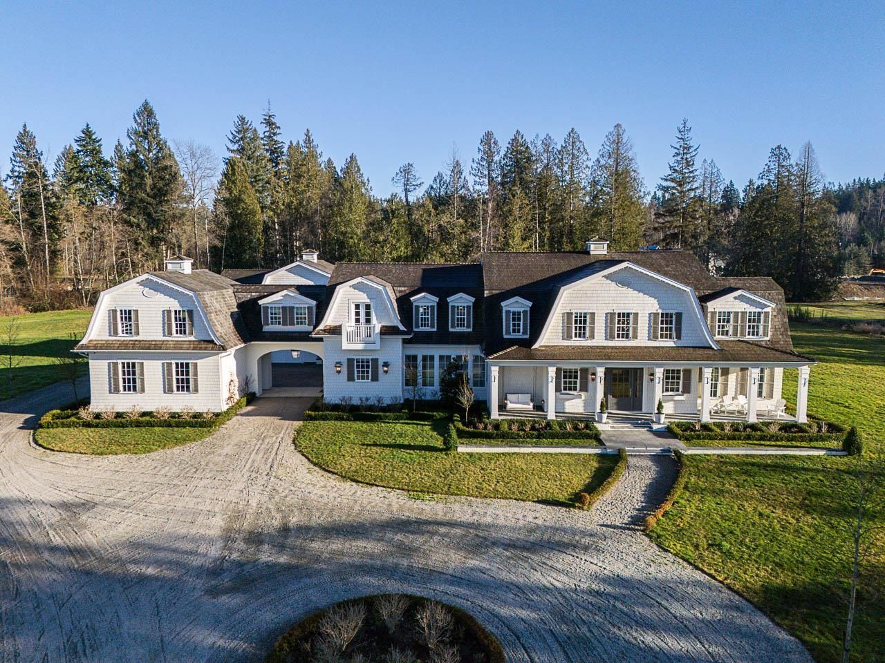Grace Acres Estate aerial view — Langley farmhouse dream home on 12.5 gated acres