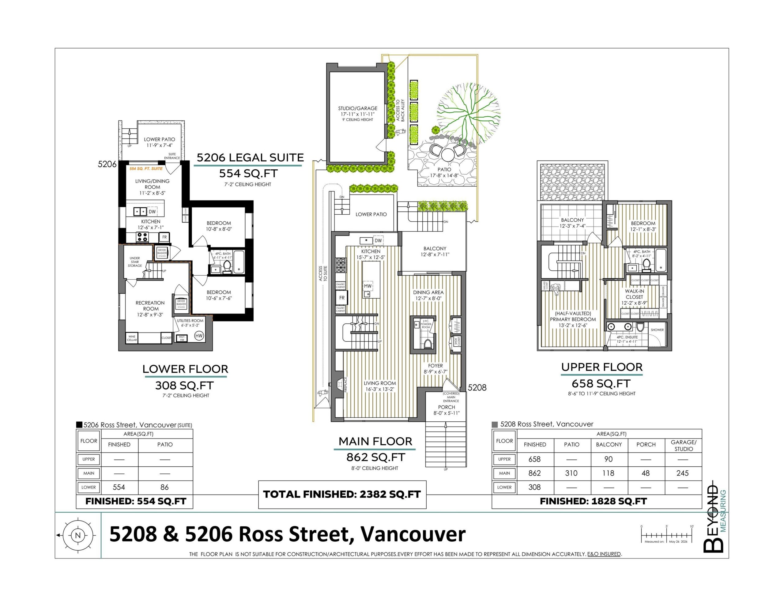 Professional floor plan of all three levels of 5208 Ross Street, Vancouver