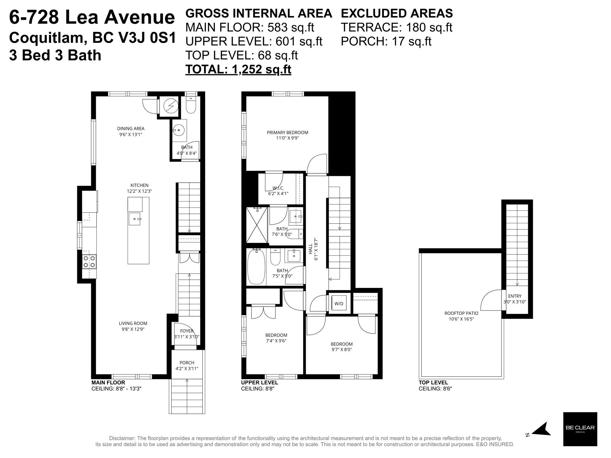 Floor plan for 6-728 Lea Avenue, Coquitlam — main floor, upper level, and rooftop patio level, 1,252 sq ft total