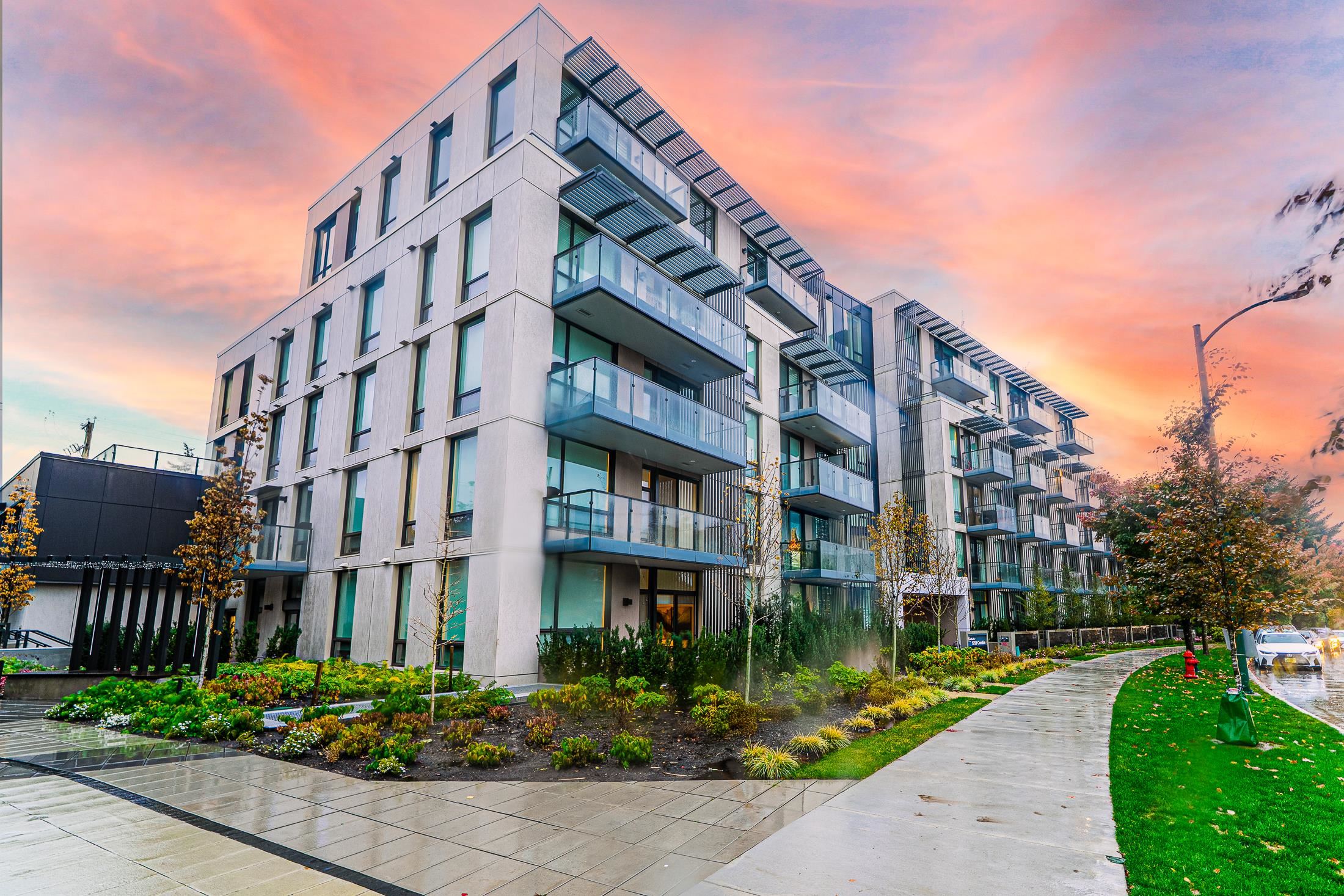 Exterior of Lina at QE Park, a 6-storey concrete building on the Cambie Corridor in Vancouver