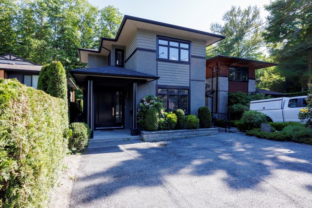 Exterior of 1426 Draycott Road, a two-storey contemporary home on a cul-de-sac in Lynn Valley, North Vancouver