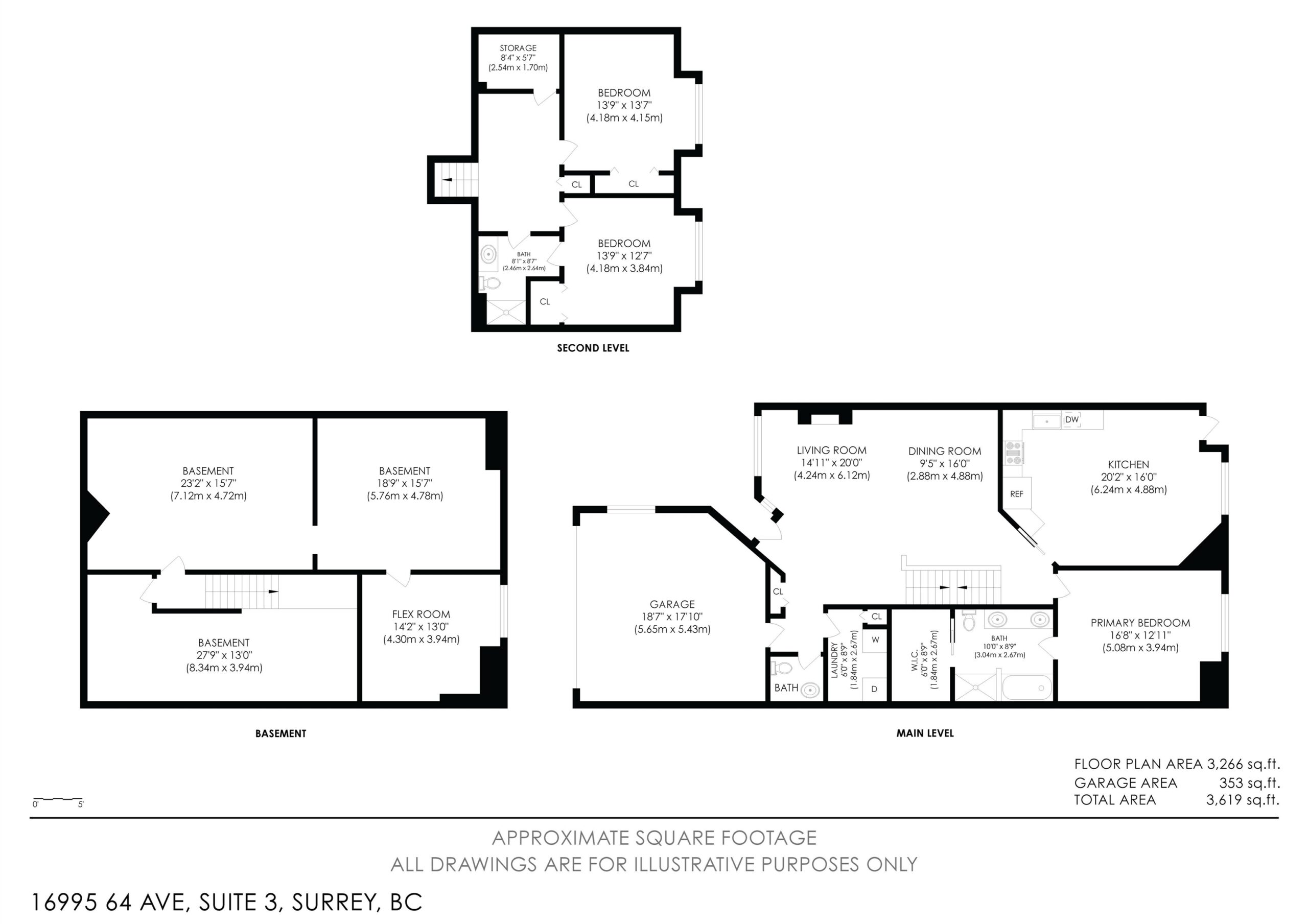 Floor plans for 3-16995 64th Avenue, Cloverdale, showing main, upper, and basement levels