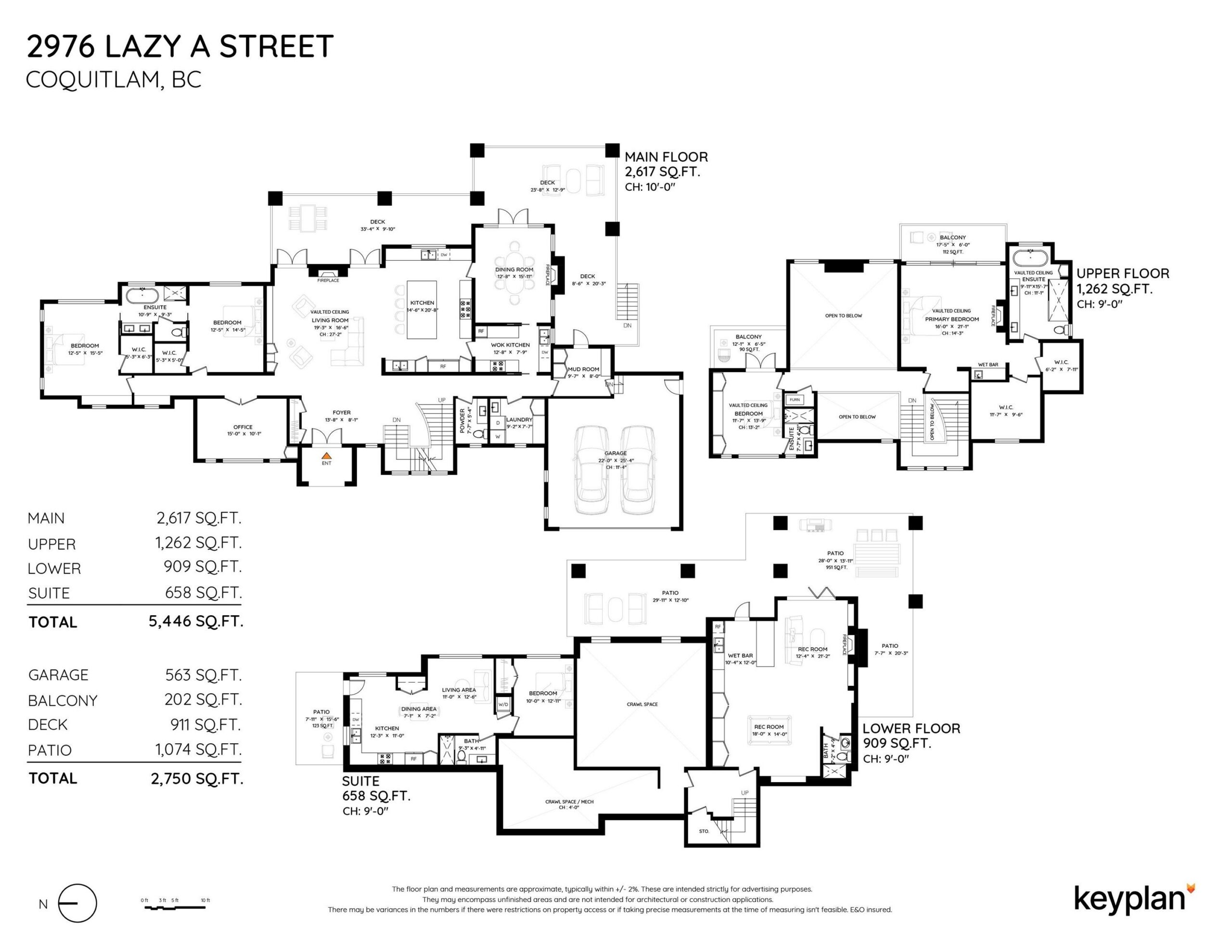 Floor plan of 2976 Lazy A Street, Ranch Park, showing main, upper and lower levels plus the legal suite