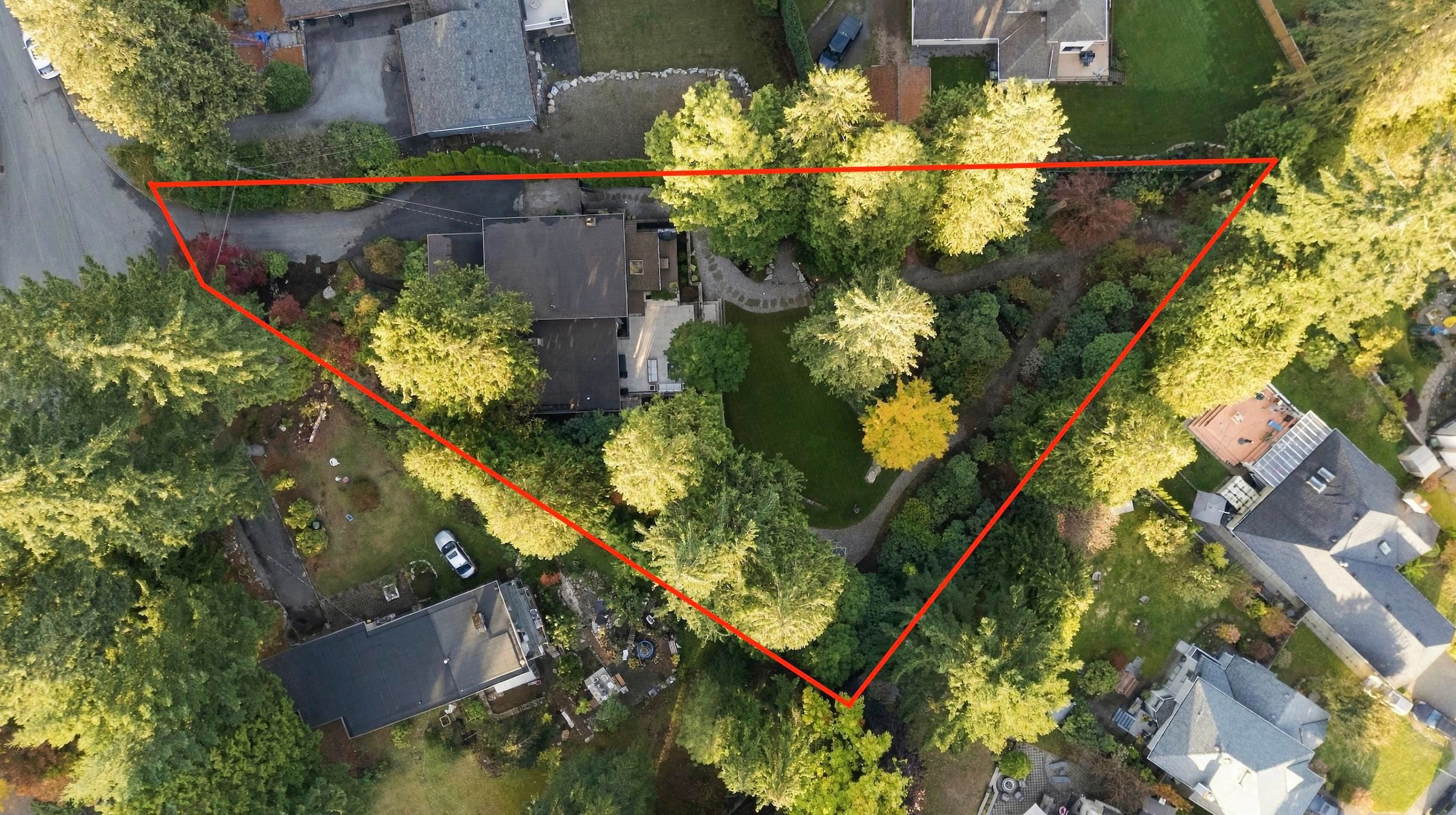 Aerial view of the 0.66-acre treed lot at 2957 Starlight Way, Ranch Park Coquitlam